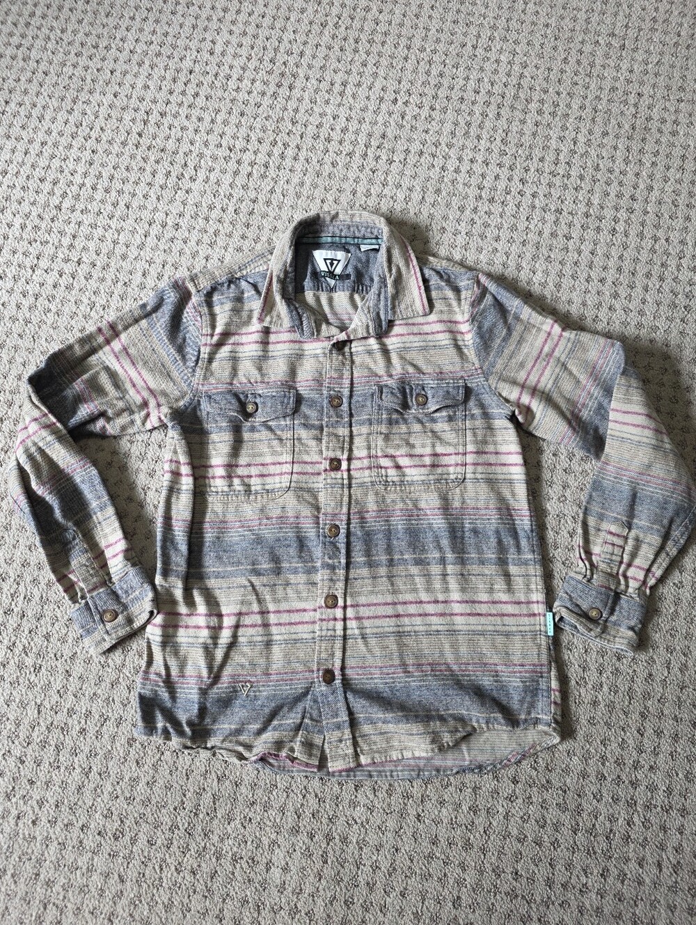 VISSLA Striped Button-Down Shirt in Beige, Blue & Pink Accents